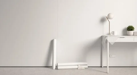 Blank white interior wallpaper on wall with rolls mock up Stock Illustration
