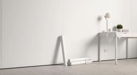 Blank white interior wallpaper on wall with rolls mockup 스톡 일러스트