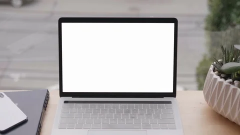 Blank White Laptop Computer Screen, Office Street Traffic Scene Background Stock Footage 107507254
