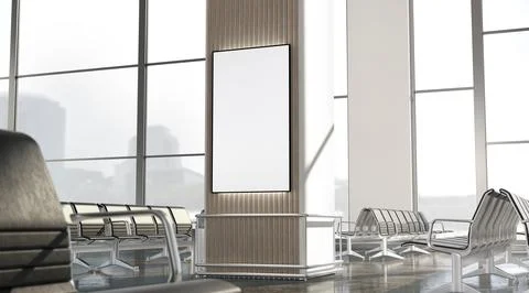Blank white led light box in airport lounge mockup Illustrazione stock