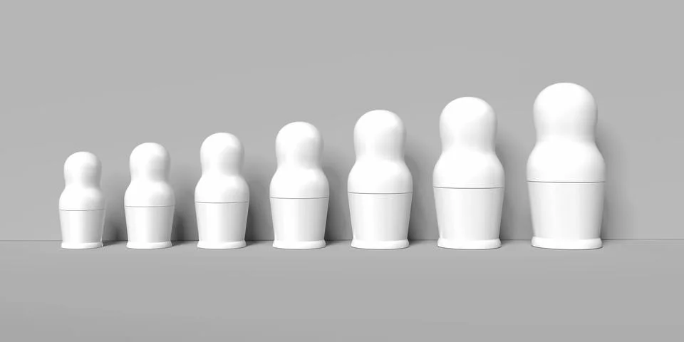 Blank white nesting dolls mockups, russian matryoshka, 3d rendering. 스톡 일러스트