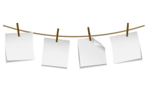 Blank white notes hanging on clothesline with clothespin Stock Illustration
