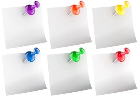 Blank white notes papers with colored push pins, 3D rendering Stock Illustration