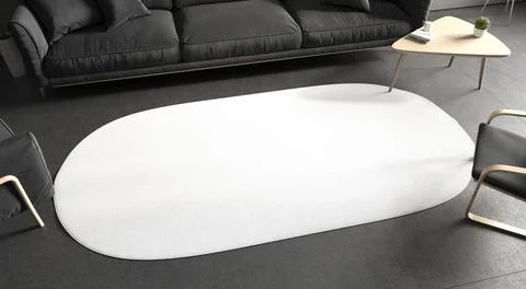 Blank white oval interior carpet in room mockup, side view Stock Illustration