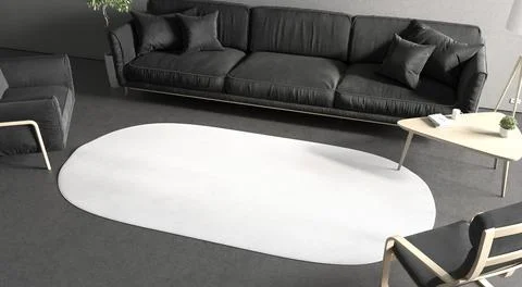 Blank white oval interior carpet in room mockup, side view Stock Illustration