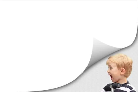 Blank white page curl effect with boy in the corner Stock Photos