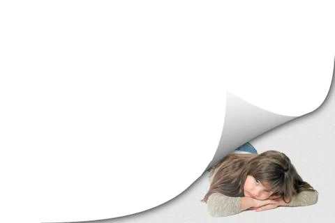 Blank white page curl effect and sad little girl Stock Photos