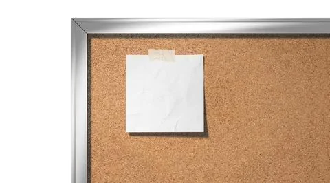 Blank white paper note taped cork-board mockup, depth of field Illustrazione stock