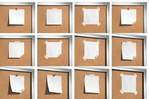 Blank white pinned and taped paper note on cork-board mockup Stock Illustration