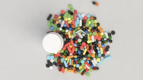 Blank white plastic bottle and pile of pills Stock Illustration