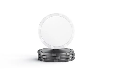 Blank white plastic round chip mockup stand on black stack, Stock-Fotos
