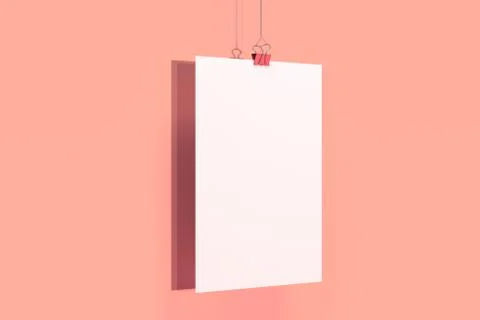 Blank white poster with binder clip mockup on red background Stock Illustration