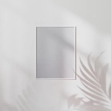 Blank white poster frame mock up on white wall with palm leaf shadow, 3d illu Illustrazione stock