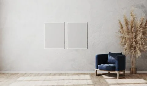 Blank white poster frames mock up on gray wall in modern living room interior イラスト素材