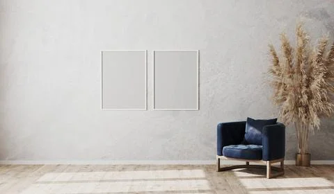 Blank white poster frames mock up on gray wall in modern living room inter... Stock Photos