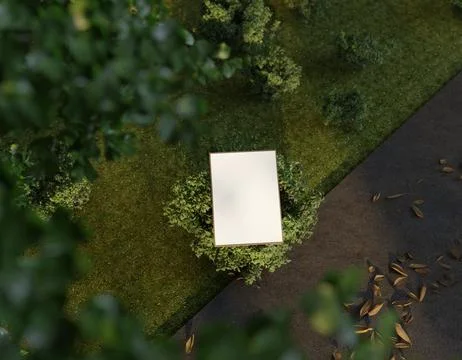 Blank white poster in a park, overhead view. Lush green foliage surrounds a.. 스톡 일러스트