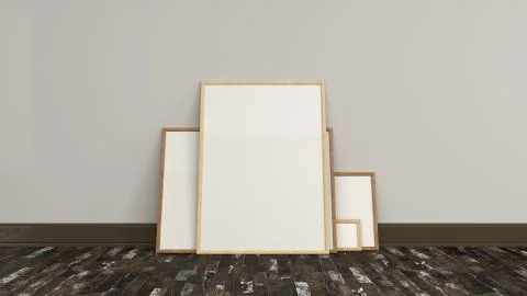 Blank white poster in wooden frames standing on the floor Illustrazione stock