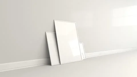 Blank white posters in white frames standing on the floor Illustrazione stock