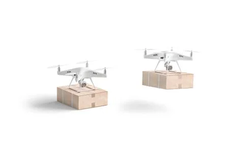 Blank white quadrocopter with box mock up, stand and flies Illustrazione stock