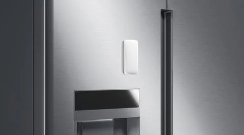Blank white rectangle magnet on fridge mockup, side view Stock Photos