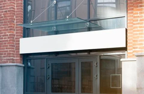 Blank white rectangular box store entrance mockup, glass brick wall Stock Photos