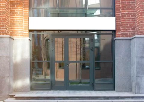 Blank white rectangular box store entrance mockup, glass brick wall Stock Photos