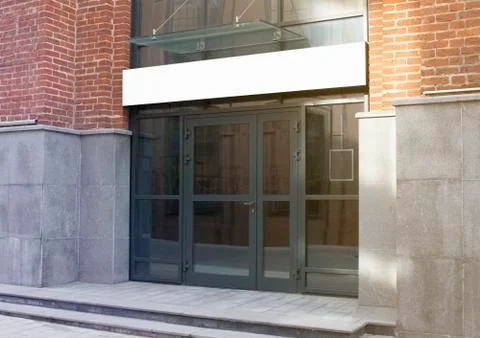 Blank white rectangular box store entrance mockup, glass brick wall Stock Photos