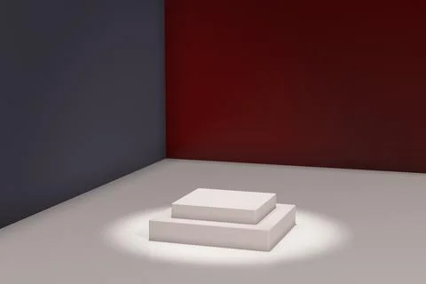 Blank white rectangular catwalk in studio with red and blue walls. 3D illustr Stock Illustration