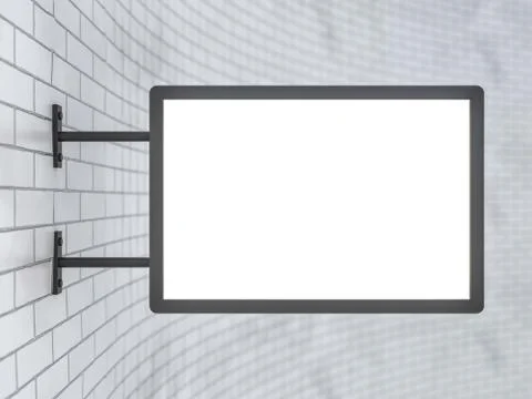 Blank, white rectangular shop sign hanging on a white wall. 3D Stock Illustration