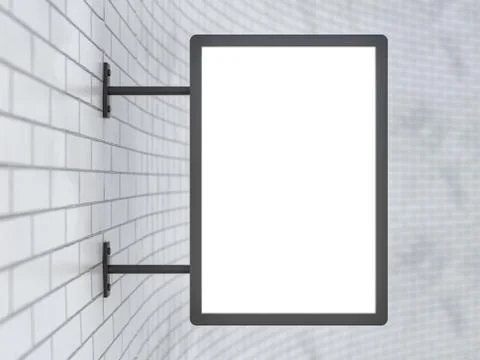 Blank, white rectangular shop sign hanging on a white wall. 3D イラスト素材