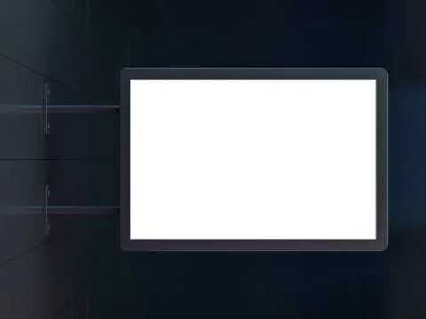 Blank, white rectangular shop sign hanging on a black wall. 3D イラスト素材