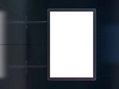 Blank, white rectangular shop sign hanging on a black wall. 3D イラスト素材