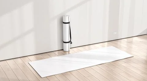 Blank white rolled unfolded yoga mat in sport area mockup Illustration