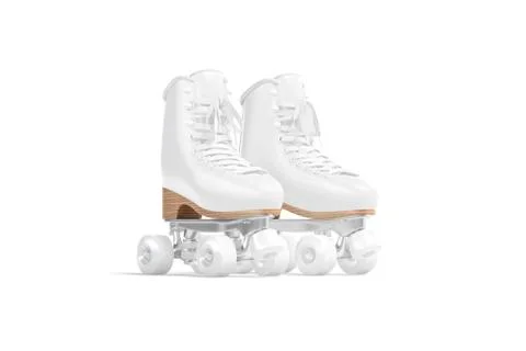 Blank white roller skates with wheels mockup pair, half-turned view Stock Illustration