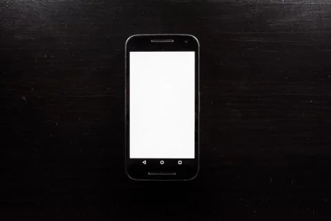 Blank White Screen Frame Cell Phone Android Black Wood Desk Stock Photos