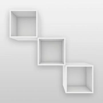 Blank white shelves. 3d render on the background of gray wall Illustrazione stock