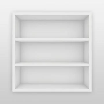 Blank white shelves. 3d render on the background of gray wall Illustrazione stock