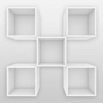 Blank white shelves. 3d render on the background of gray wall Stock Illustration