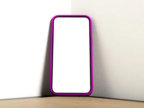 Blank white smartphone screen mockup standing in the corner of a room on a Stock Photos