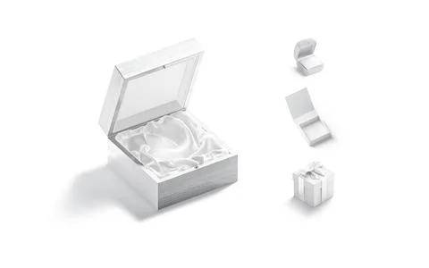 Blank white square gift ring and wood box mockup, isolated Illustrazione stock