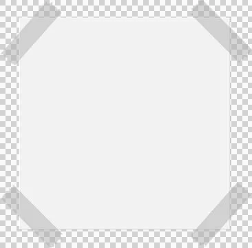 Blank white square held by strips of transparent tape, isolated against a d.. Illustrazione stock