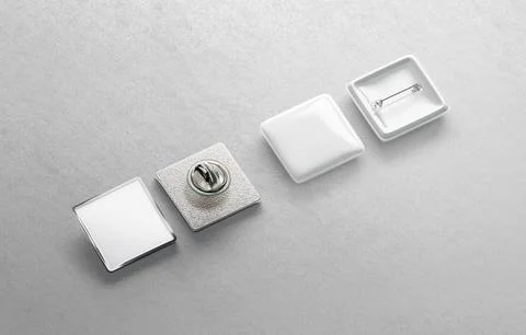 Blank white square pin mockup set, gray background Illustrazione stock
