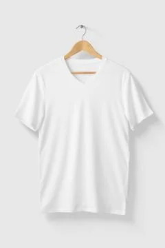 Blank White T-Shirt Mock-up on wooden hanger, front side view. Stock Photos