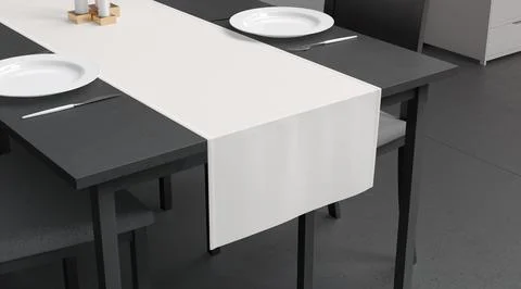 Blank white table runner and dishes mockup crop, interior background Illustrazione stock