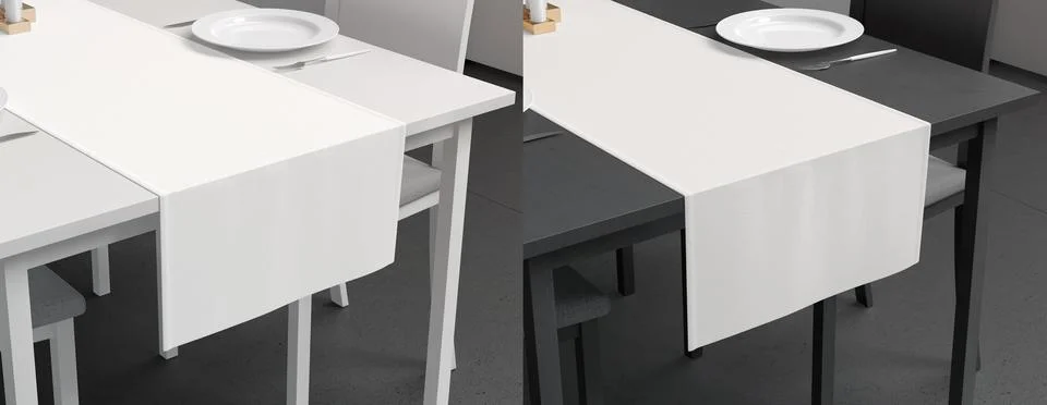Blank white table runner and dishes mockup crop, interior background Illustrazione stock