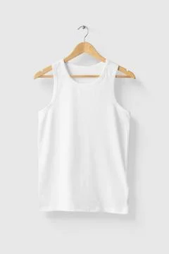 Blank White Tank Top Shirt Mock-up on wooden hanger, front side view. Stock Photos