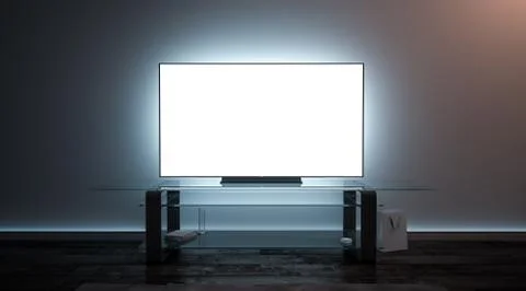 Blank white tv screen interior in darkness mockup Stock Photos