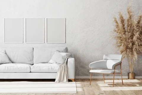 Blank white vertical frames mock up in Light coloured minimalistic living roo Stock Illustration