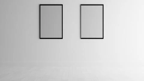 Blank White Wall Two Set Framed Art Print Poster Mockup Stock Photos