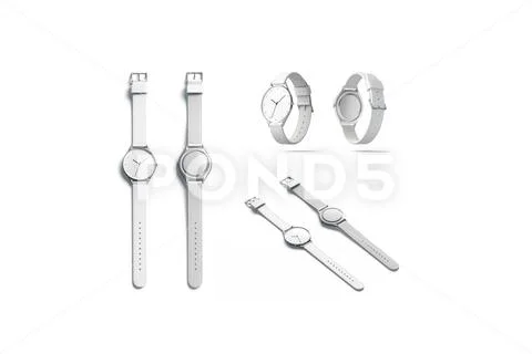 Blank white watch wristlet mockup set, isolated, front and back Stock Photos